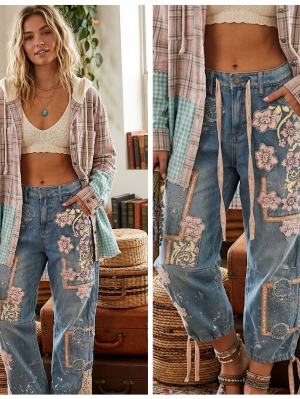 Boho Floral Embroidered Women’s Jeans - Pink Floral on Denim Patchwork